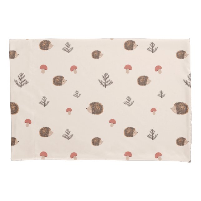 Cute Woodland Hedgehog & Mushroom Pattern Pillowcase (Front)