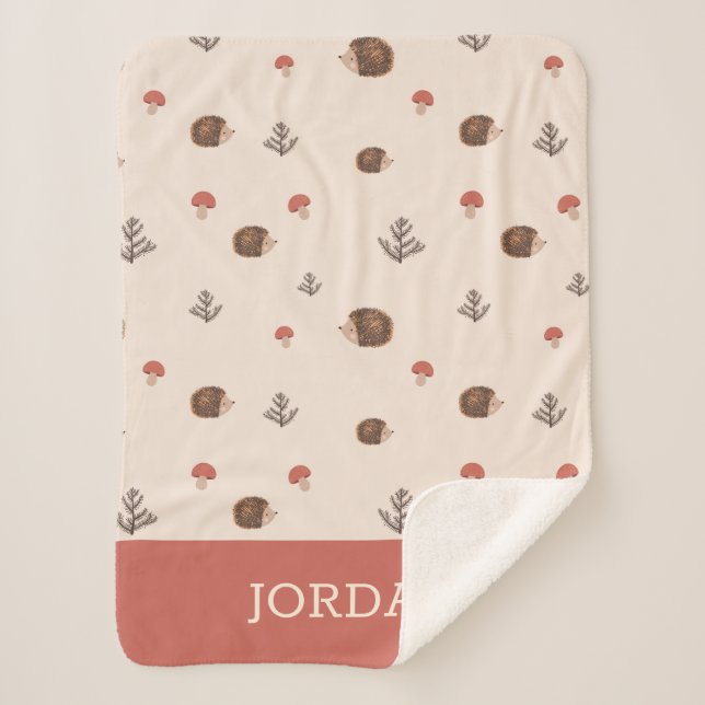 Cute Woodland Hedgehog & Mushroom Pattern Sherpa Blanket (Front)