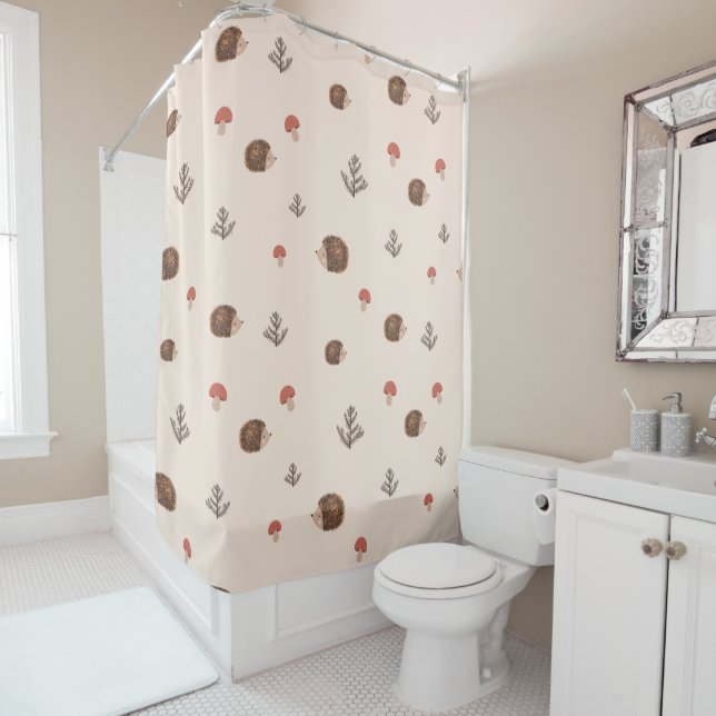 Cute Woodland Hedgehog & Mushroom Pattern Shower Curtain (In Situ)
