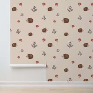 Cute Woodland Hedgehog & Mushroom Pattern Wallpaper