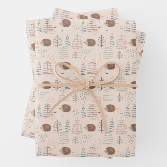 Cute Woodland Hedgehog Pattern Wrapping Paper Sheet (In situ)