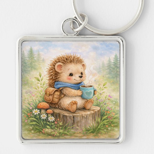 Cute Woodland Hedgehog With Mug Key Ring (Front)