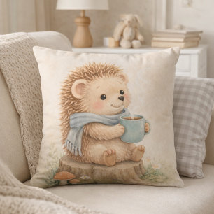 Cute Woodland Hedgehog with Mug Neutral Kids Room Cushion