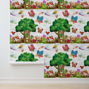 Cute Woodland Insects & Frog Treehouse Kids Wallpaper