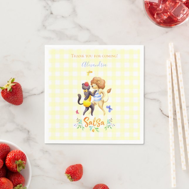 Cute Woodland Lions Dancing Salsa Yellow Gingham  Napkin (Insitu)