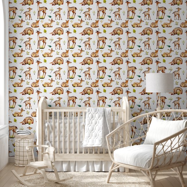 Cute woodland Mummy baby unisex deer Nursery Wallpaper (Kids)