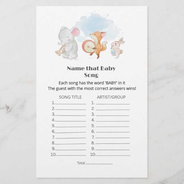 Cute Woodland Name that song baby boy shower game (Front)