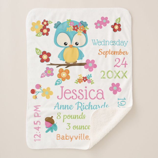Cute Woodland Owl Baby Girl Birth Record Stats Sherpa Blanket (Front)