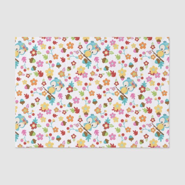 Cute Woodland Owl & Flowers Baby Girl Baby Shower Tissue Paper (Front)