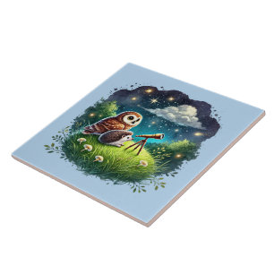 Cute woodland owl hedgehog ceramic tile