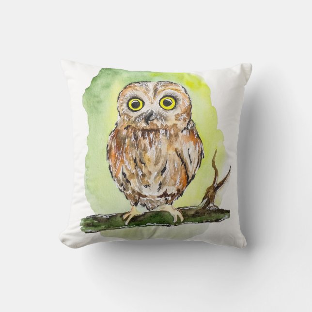 Cute woodland owl watercolor painting cushion (Front)