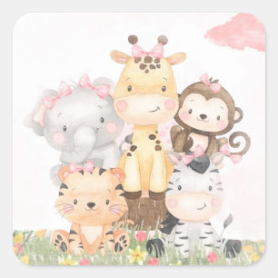 Cute Woodland   Pink Watercolor Girl Baby Shower Square Sticker