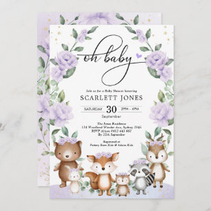 Cute Woodland Purple Floral Greenery Baby Shower Invitation