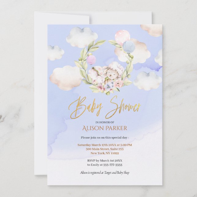 Cute Woodland Rabbit Floral Blue Sky Baby Shower Invitation (Front)