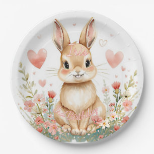 Cute Woodland Rabbit Pink Hearts Pastel Flowers Paper Plate