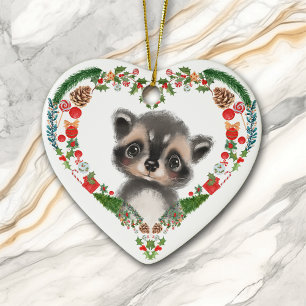 Cute Woodland Raccoon Heart Holiday Wreath Ceramic Ornament