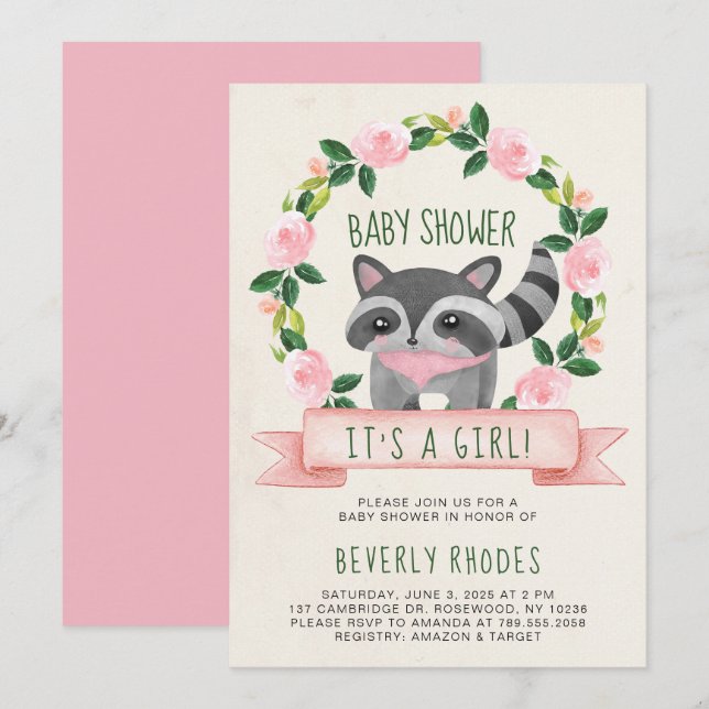 Cute Woodland Racoon Baby Shower It's a Girl Invitation (Front/Back)