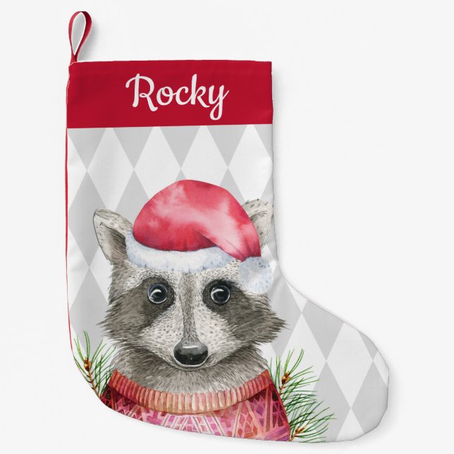 Cute Woodland Racoon in Santa Hat Small Christmas Stocking (Front)