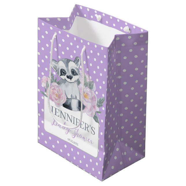 Cute Woodland Racoon Purple Polkadot Baby Shower Medium Gift Bag (Front Angled)