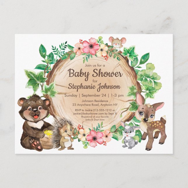Cute Woodland Rustic Watercolor Animal Baby Shower Postcard (Front)