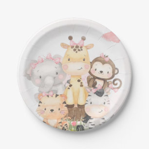 Cute Woodland Safari Animals Girl Baby Shower Paper Plate