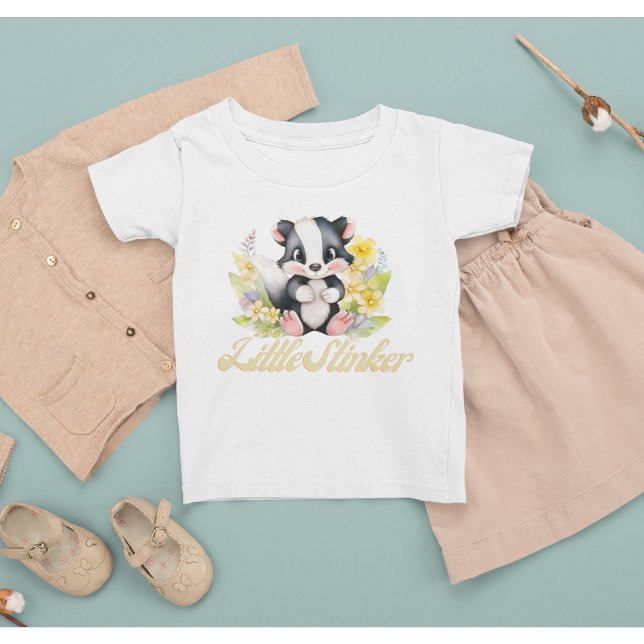 Cute Woodland Skunk Little Stinker Floral Animal Baby T-Shirt (adorable woodland Skunk shirt for kids "Little Stinker")