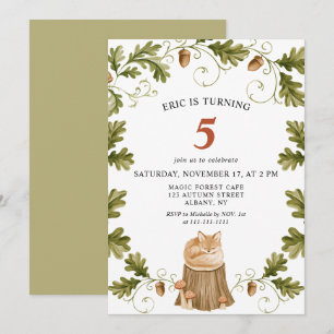 Cute Woodland Sleeping Fox Oak Leaf Kids Birthday Invitation