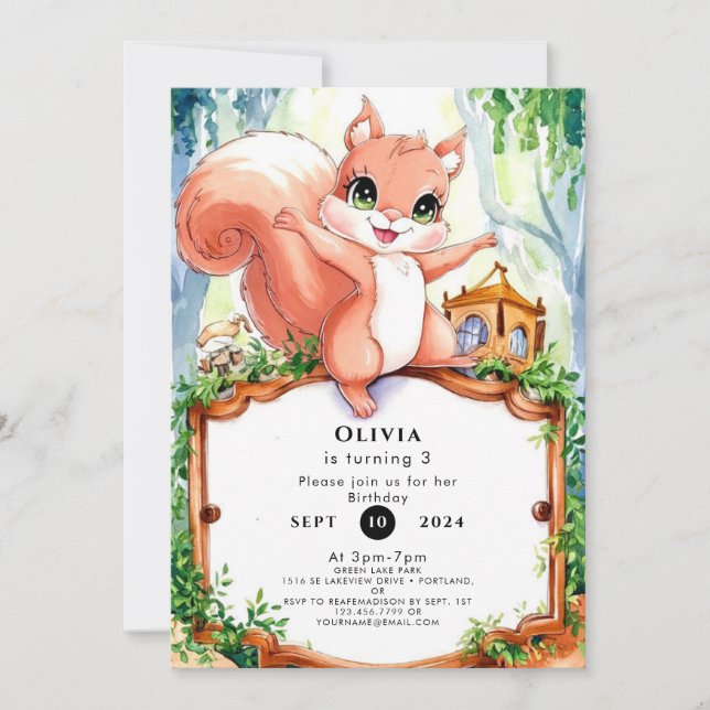 Cute Woodland Squirrel Birthday Invitation (Front)