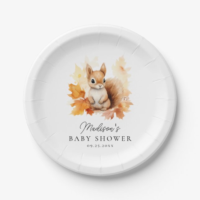 Cute Woodland Squirrel Fall Baby Shower Paper Plate (Front)