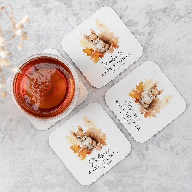 Cute Woodland Squirrel Fall Baby Shower Square Paper Coaster (Creator Uploaded)