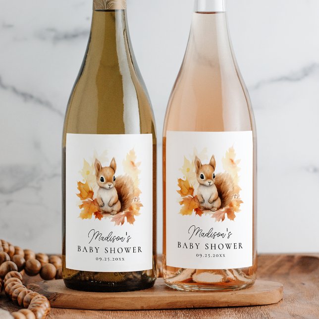 Cute Woodland Squirrel Fall Baby Shower Wine Label (Creator Uploaded)