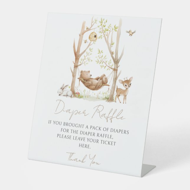 Cute Woodland theme baby boy shower diaper raffle Pedestal Sign (Front)