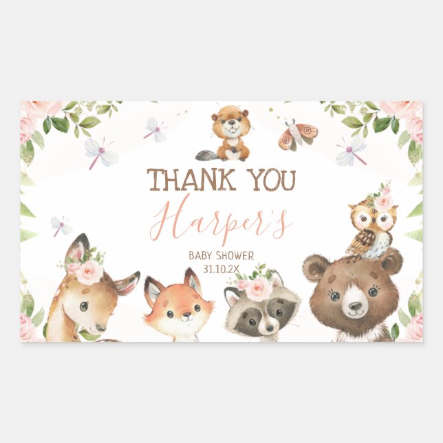 Cute woodland themed girl's baby shower favor rectangular sticker (Front)