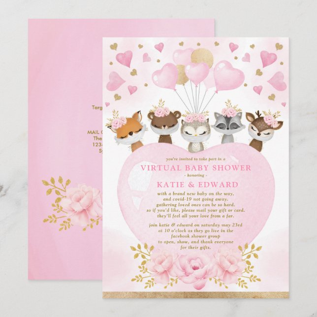 Cute Woodland Valentines Girl Virtual Baby Shower Invitation (Front/Back)