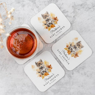 Cute Woodland Wolf Fall Baby Shower Square Paper Coaster