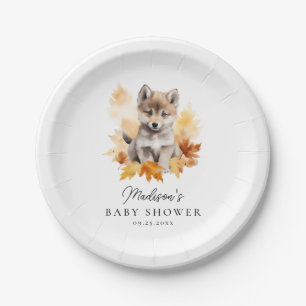Cute Woodland Wolf Pup Fall Baby Shower Paper Plate