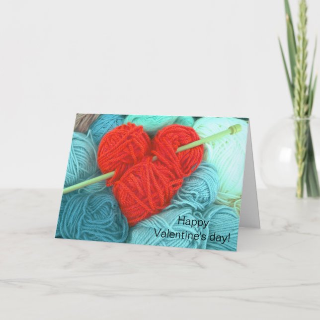Cute wool heart with knitting needle greeting card (Front)