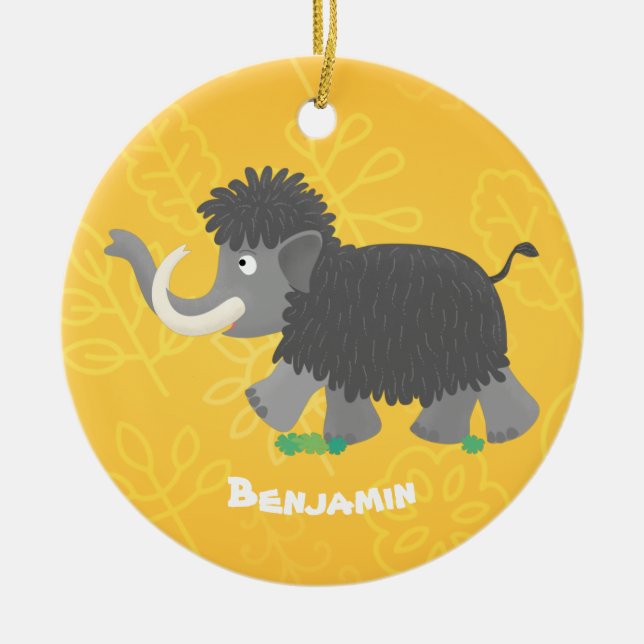 Cute woolly mammoth cartoon illustration ceramic ornament (Front)