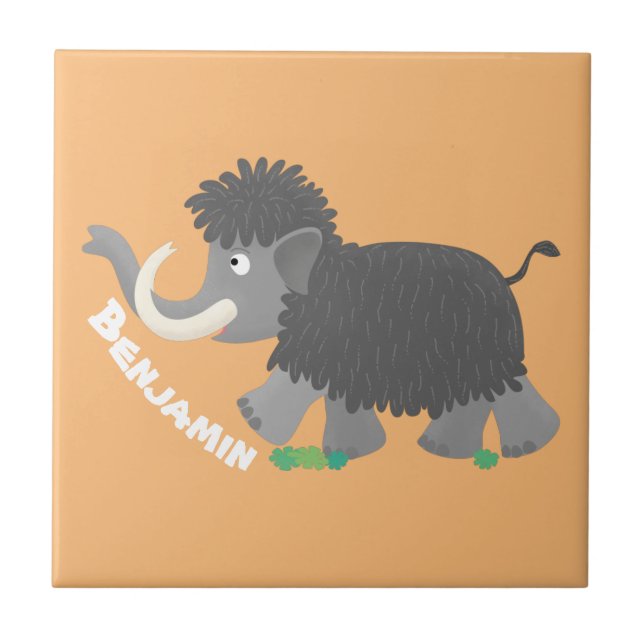 Cute woolly mammoth cartoon illustration ceramic tile (Front)
