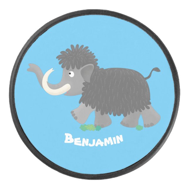 Cute woolly mammoth cartoon illustration hockey puck (Front)