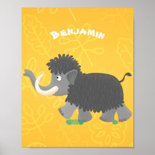 Cute woolly mammoth cartoon illustration poster