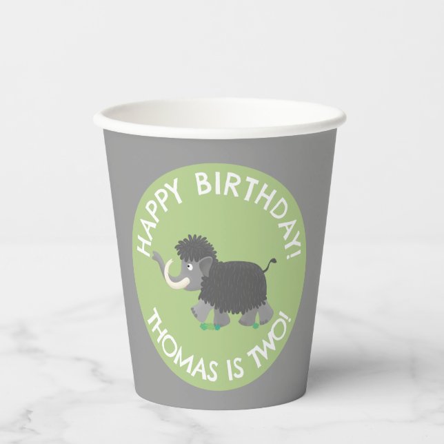 Cute woolly mammoth personalised cartoon birthday paper cups (Front)