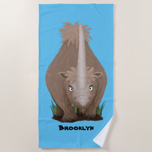 Cute woolly rhino elasmotherium cartoon beach towel