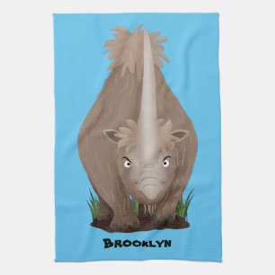 Cute woolly rhino elasmotherium cartoon tea towel