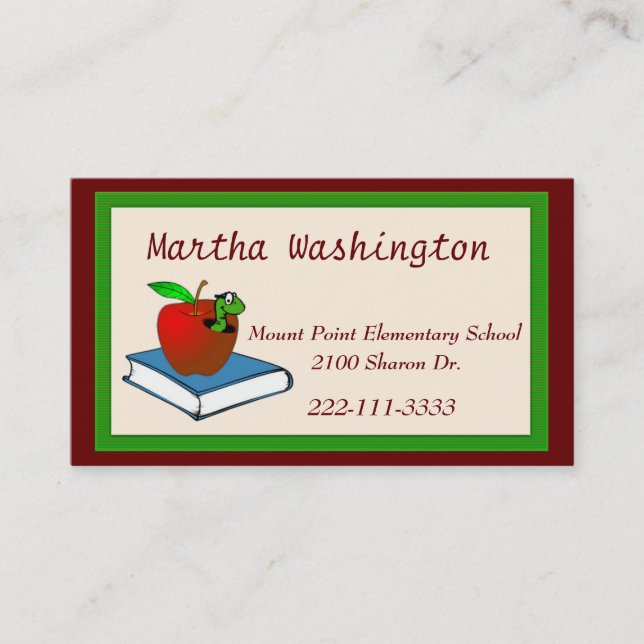 Cute Wormy Apple Teachers Business Card (Front)