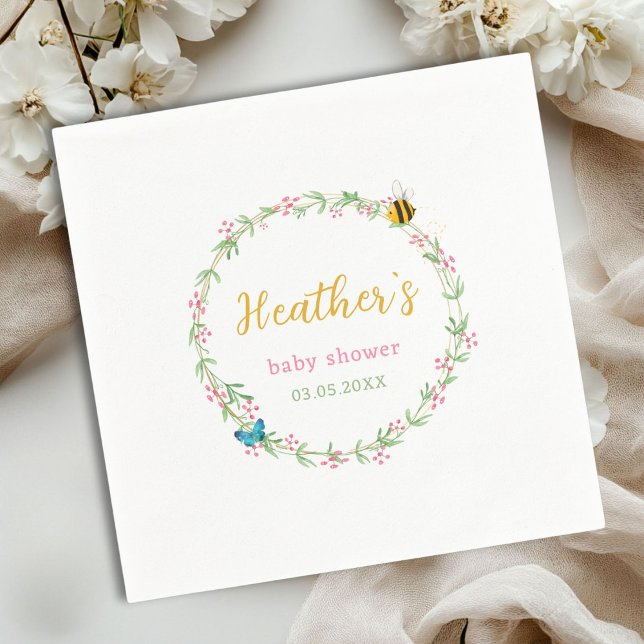 Cute Wreath, Bee & Butterfly Baby Shower Napkin (Cute Wreath, Bee & Butterfly Baby Shower Napkins with your name and date.)