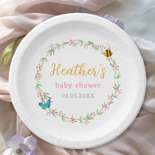 Cute Wreath, Bee & Butterfly Baby Shower Paper Plate