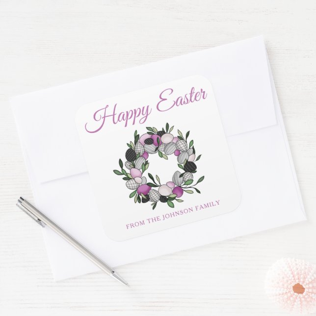 Cute Wreath Happy Easter Square Sticker (Envelope)