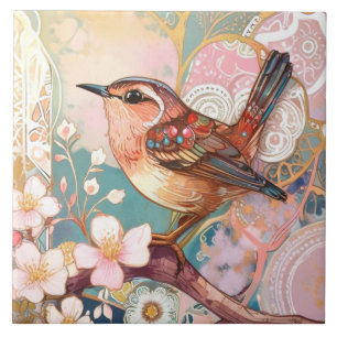 Cute Wren Bird Art Nouveau Deco Inspo Floral Ceramic Tile