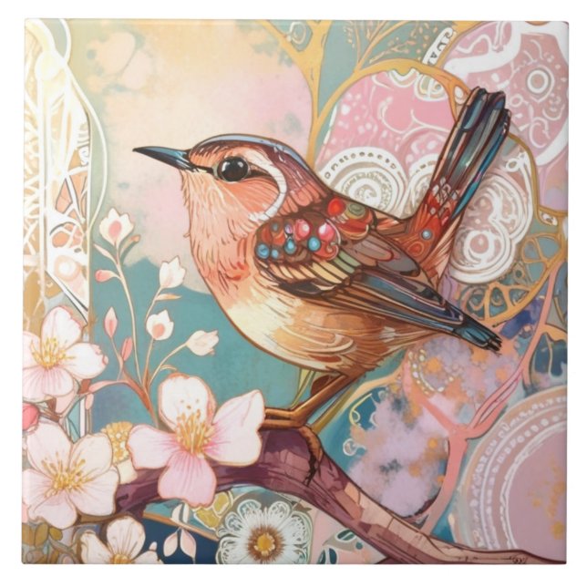 Cute Wren Bird Art Nouveau Deco Inspo Floral Ceramic Tile (Front)